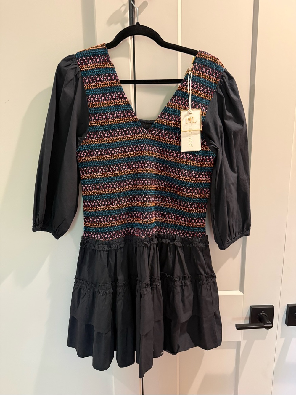 Love the Label Smocked Bodice Black Dress with Multicolor Stitching
